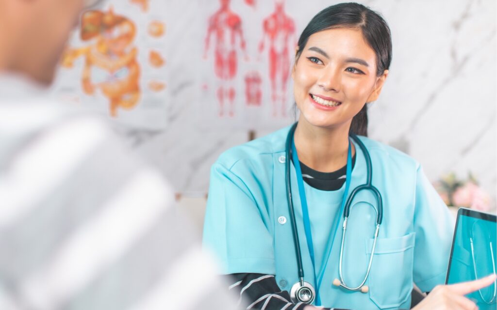 doctor-woman-clinic-check-2024-10-12-14-22-18-utc American healthcare concept-flag and stethoscope